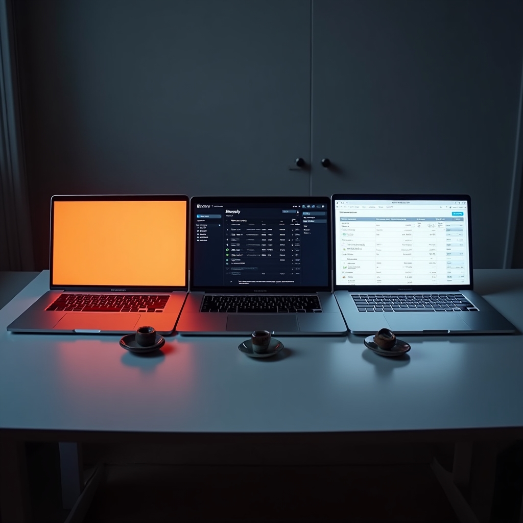 Three laptop screens side by side showing Etsy seller dashboard, Shopify admin, and a wholesale order spreadsheet in a tidy studio workspace