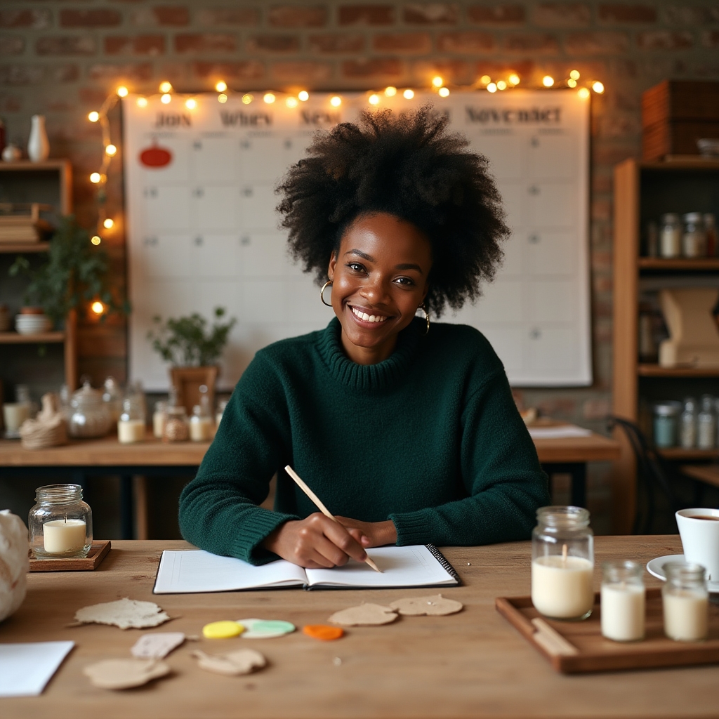 A handmade seller surrounded by product samples and a calendar on a wooden desk, planning production schedule with colored sticky notes