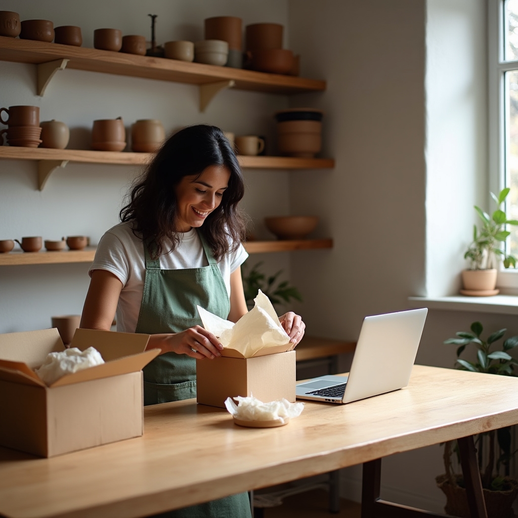 A woman in her late 30s packing handmade ceramic products into shipping boxes in a bright home studio, organized shelves of inventory visible behind her