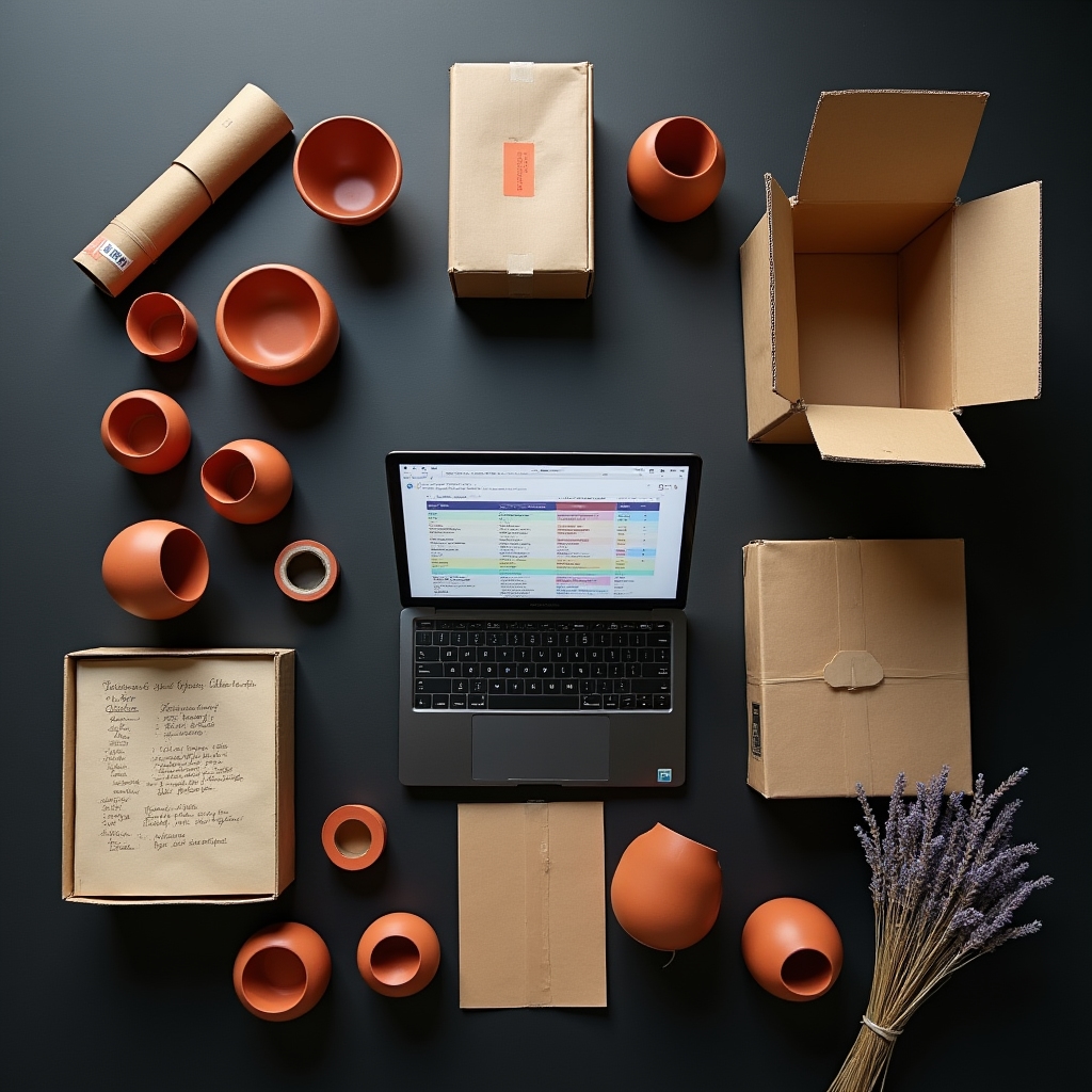 Handmade maker workspace with products, spreadsheets, and packaging materials arranged on a dark surface