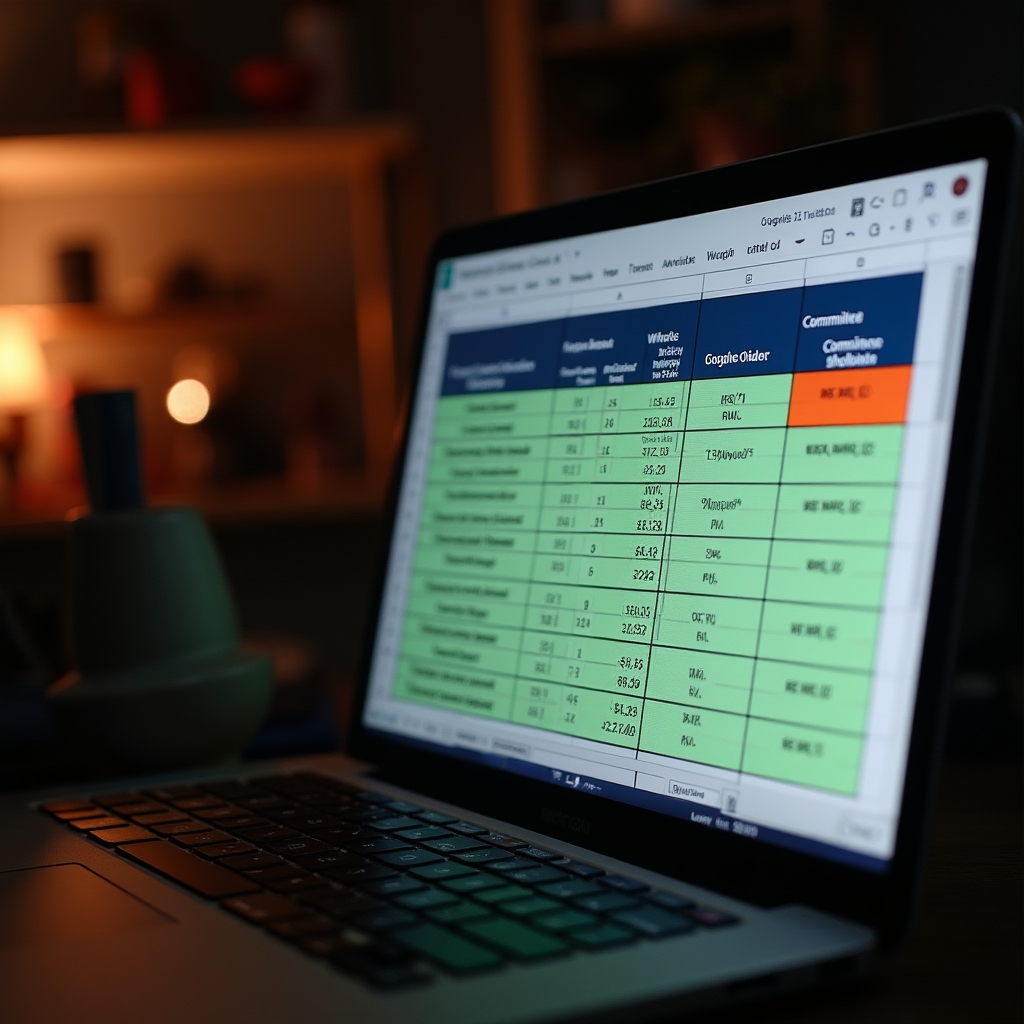 Close-up of a colorful spreadsheet on a laptop screen showing inventory quantities across multiple sales channels
